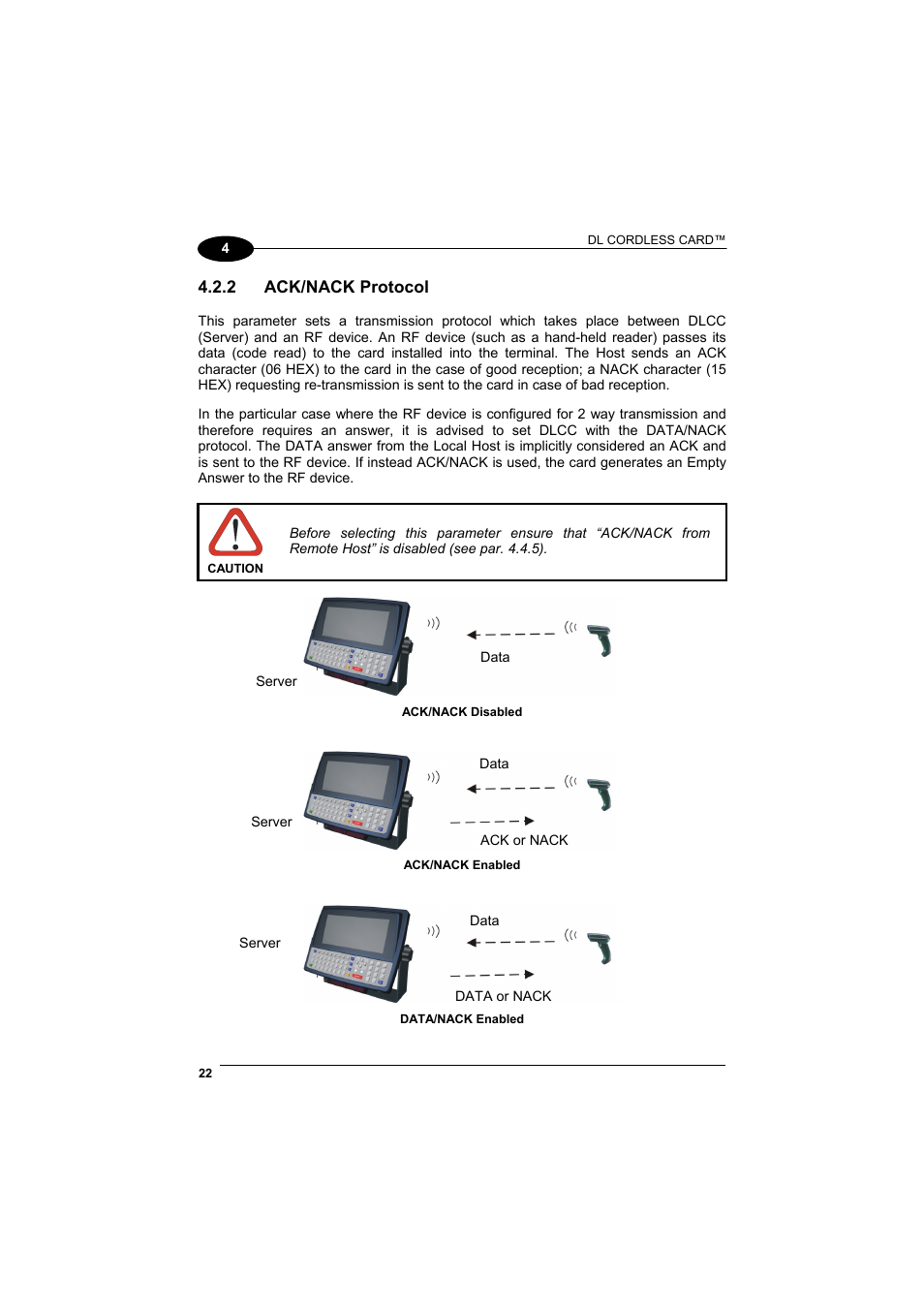 Ack/nack protocol, See par. 4.2.2 | Datalogic Scanning DL Cordless Card DLCC User Manual | Page 36 / 55