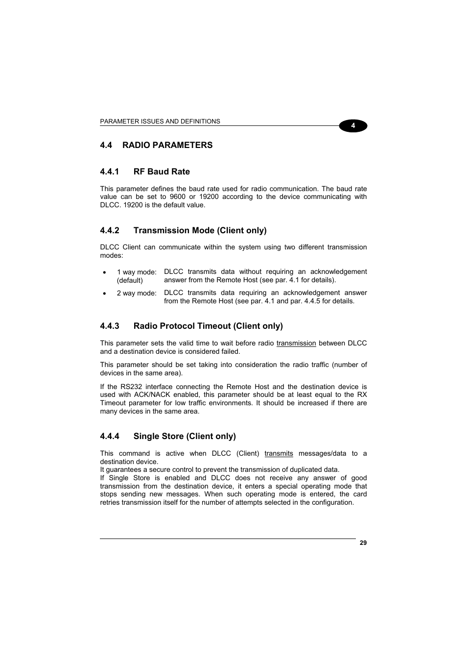 Radio parameters, Rf baud rate, Transmission mode (client only) | Radio protocol timeout (client only), Single store (client only), See par. 4.4.1, See par. 4.4.2, See par. 4.4.3, See par. 4.4.4, Meout, par. 4.4.3, for radio | Datalogic Scanning DL Cordless Card DLCC User Manual | Page 43 / 55