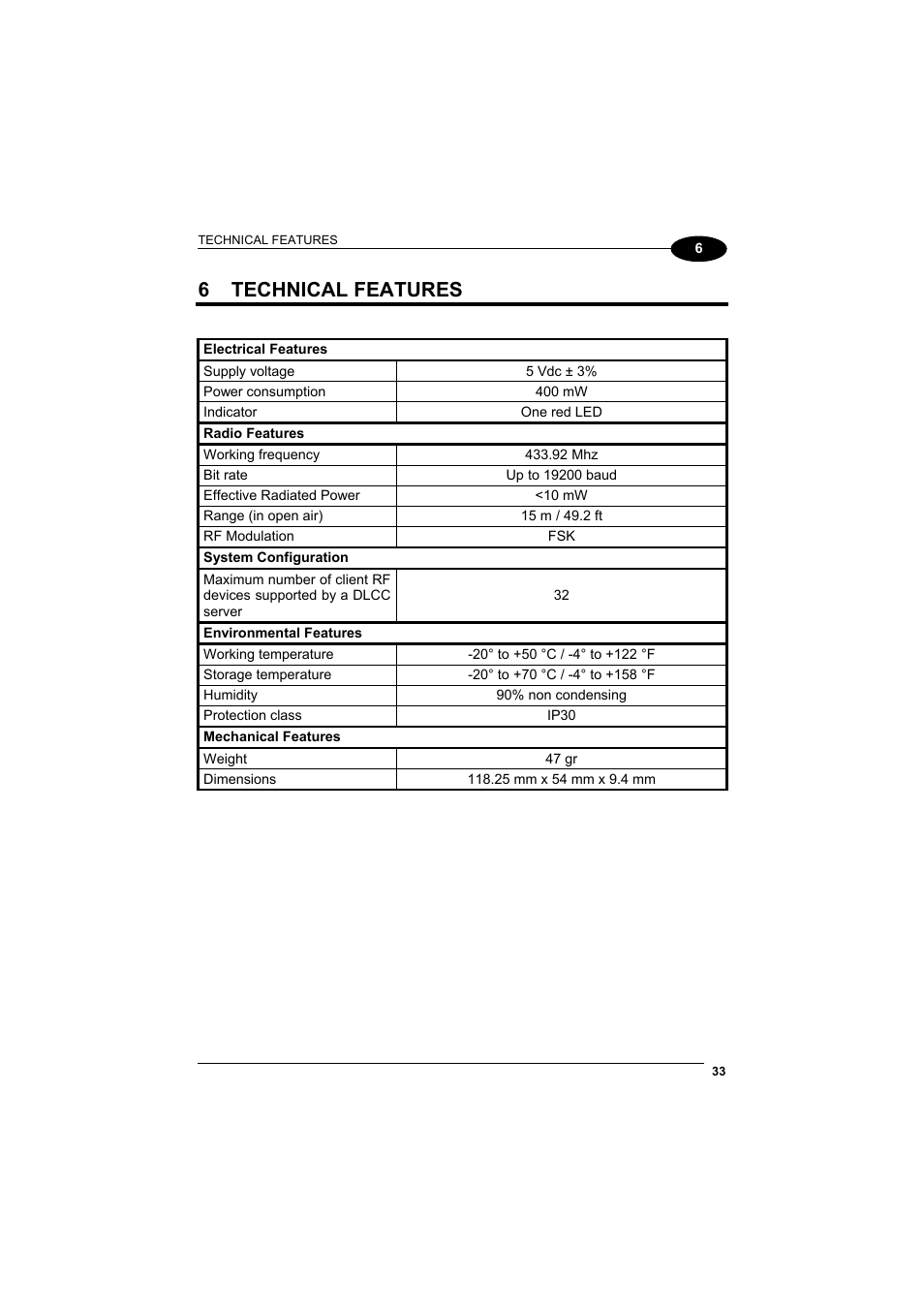 Technical features, 6 technical features | Datalogic Scanning DL Cordless Card DLCC User Manual | Page 47 / 55