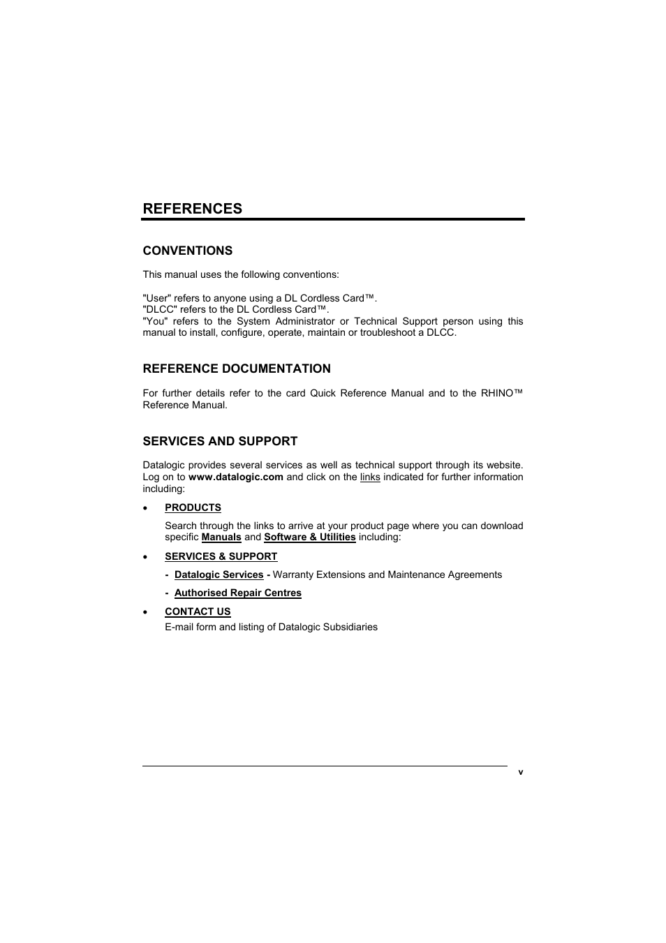 References, Conventions, Reference documentation | Services and support | Datalogic Scanning DL Cordless Card DLCC User Manual | Page 5 / 55