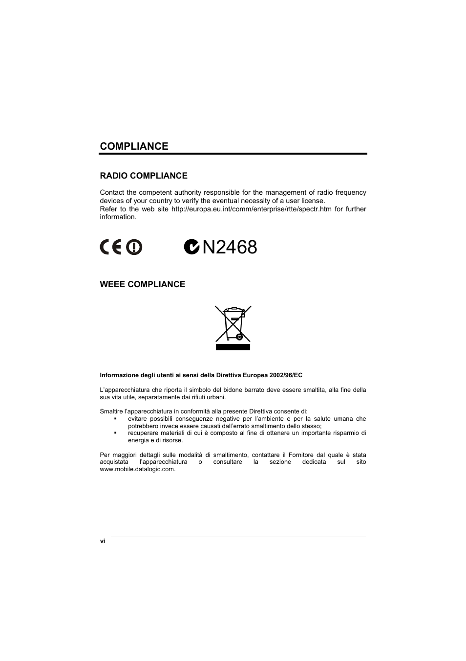 Compliance, Radio compliance, Weee compliance | N2468 | Datalogic Scanning DL Cordless Card DLCC User Manual | Page 6 / 55