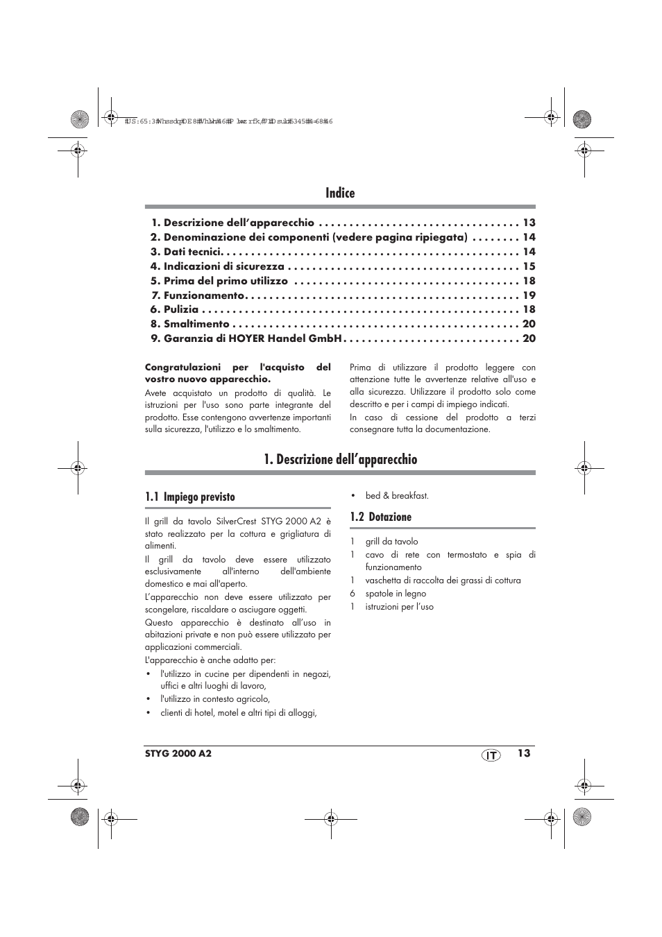 Indice, Descrizione dell’apparecchio, 1 impiego previsto | 2 dotazione | Silvercrest STYG 2000 A2 User Manual | Page 15 / 54