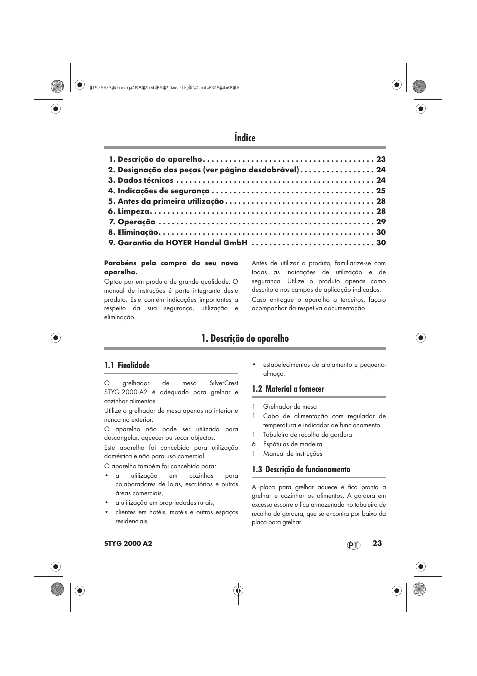 Índice, Descrição do aparelho, 1 finalidade | 2 material a fornecer, 3 descrição de funcionamento | Silvercrest STYG 2000 A2 User Manual | Page 25 / 54