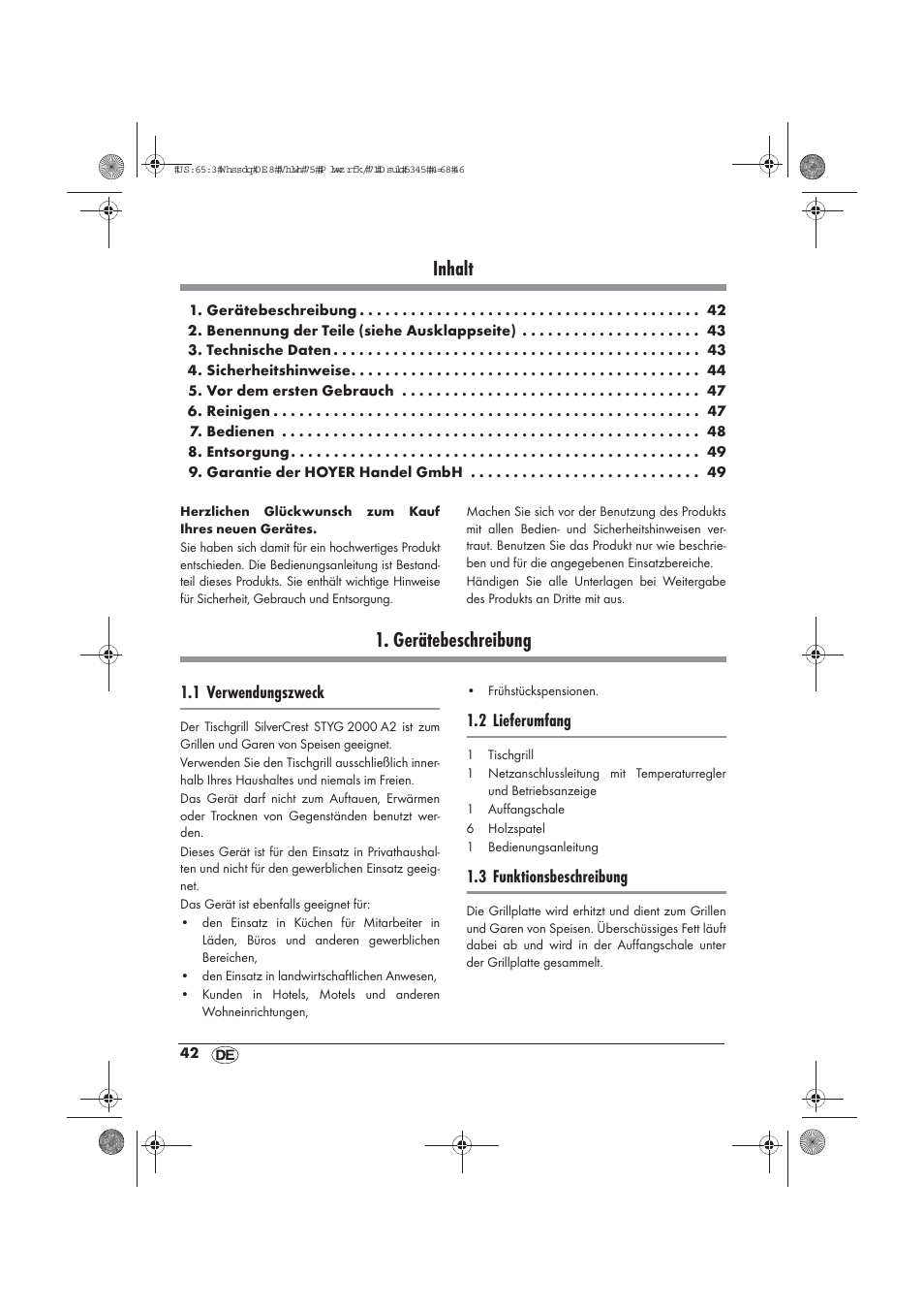Inhalt, Gerätebeschreibung, 1 verwendungszweck | 2 lieferumfang, 3 funktionsbeschreibung | Silvercrest STYG 2000 A2 User Manual | Page 44 / 54