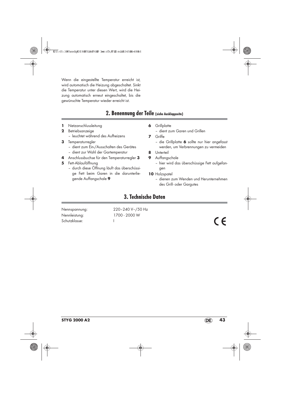 Benennung der teile, Technische daten | Silvercrest STYG 2000 A2 User Manual | Page 45 / 54