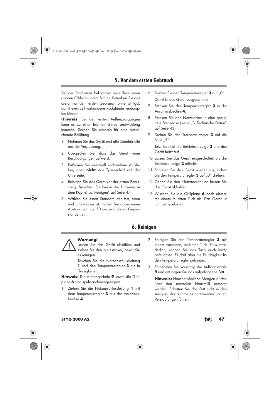 Vor dem ersten gebrauch, Reinigen | Silvercrest STYG 2000 A2 User Manual | Page 49 / 54