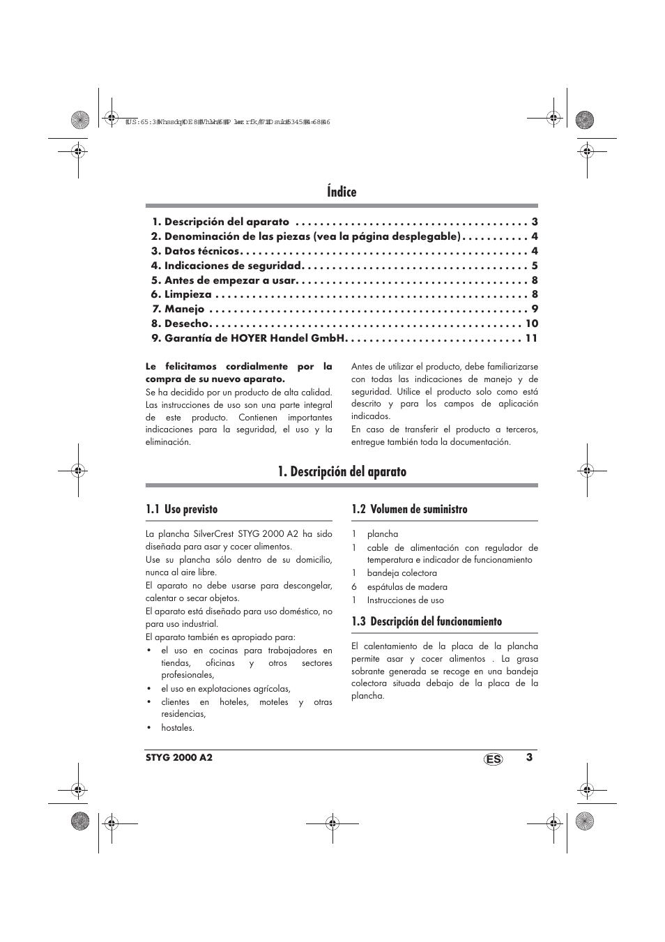 Índice, Descripción del aparato, 1 uso previsto | 2 volumen de suministro, 3 descripción del funcionamiento | Silvercrest STYG 2000 A2 User Manual | Page 5 / 54