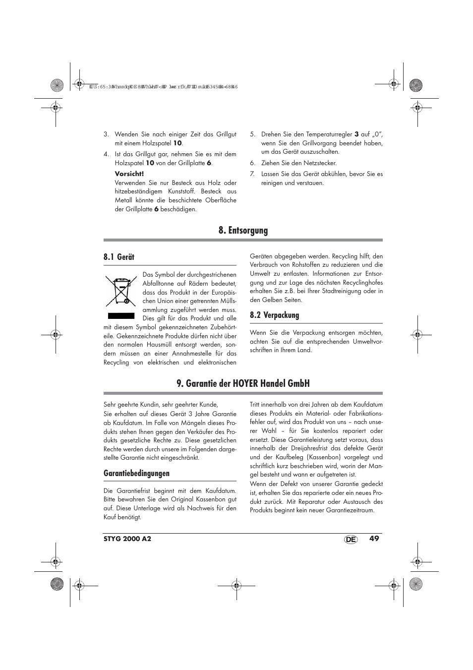 Entsorgung, Garantie der hoyer handel gmbh, 1 gerät | 2 verpackung, Garantiebedingungen | Silvercrest STYG 2000 A2 User Manual | Page 51 / 54
