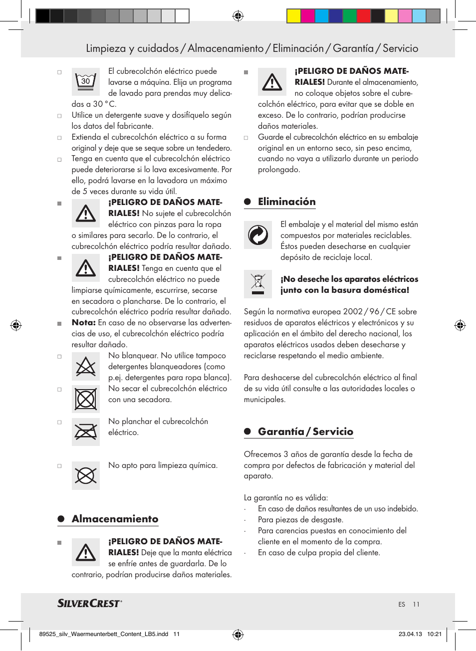 Almacenamiento, Eliminación, Garantía / servicio | Silvercrest SWUB 85 B2 User Manual | Page 11 / 37