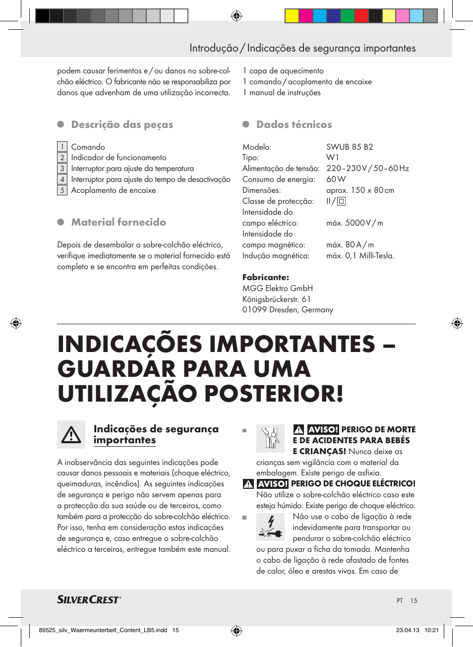 Introdução / indicações de segurança importantes | Silvercrest SWUB 85 B2 User Manual | Page 15 / 37