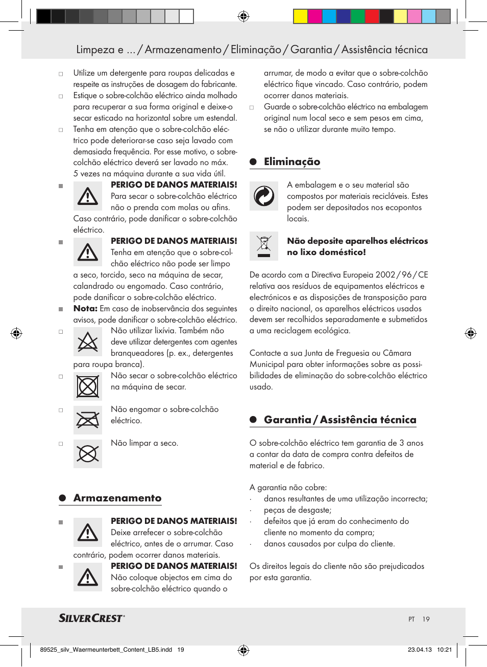 Armazenamento, Eliminação, Garantia / assistência técnica | Silvercrest SWUB 85 B2 User Manual | Page 19 / 37