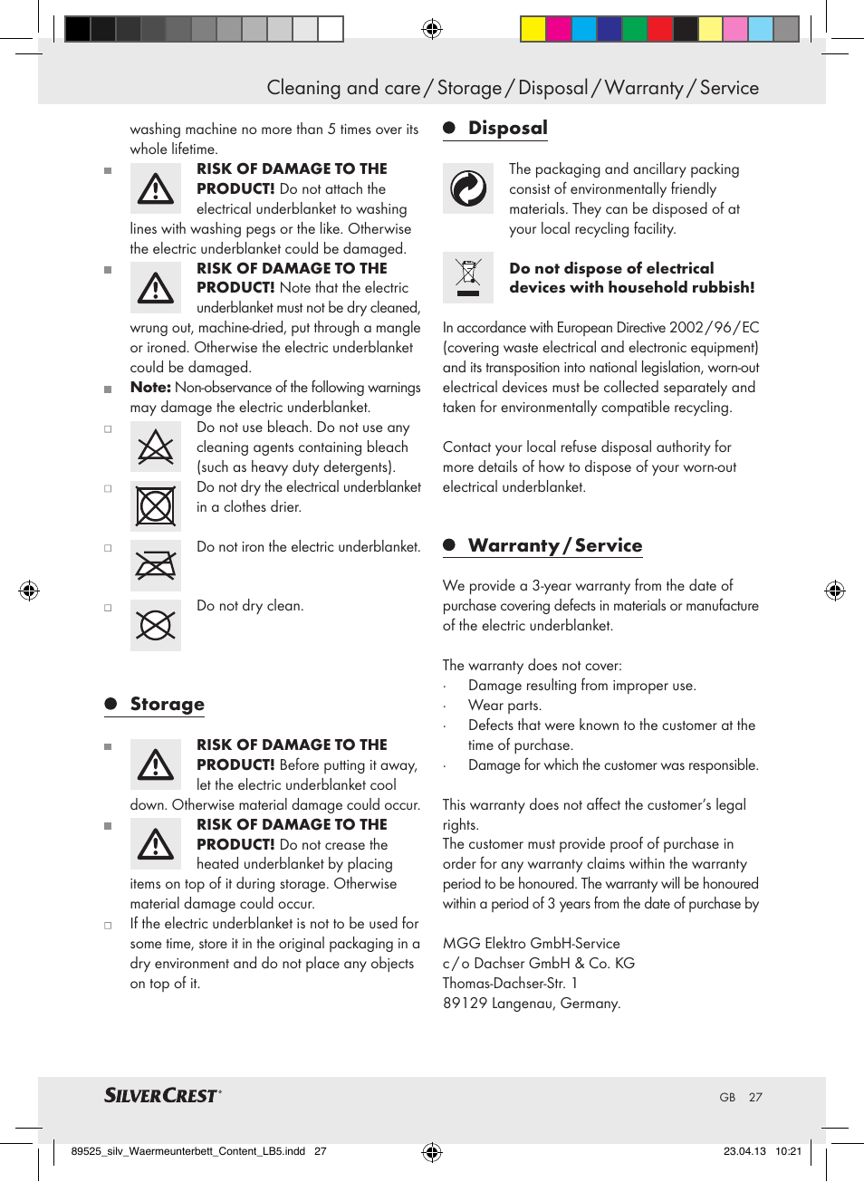 Storage, Disposal, Warranty / service | Silvercrest SWUB 85 B2 User Manual | Page 27 / 37