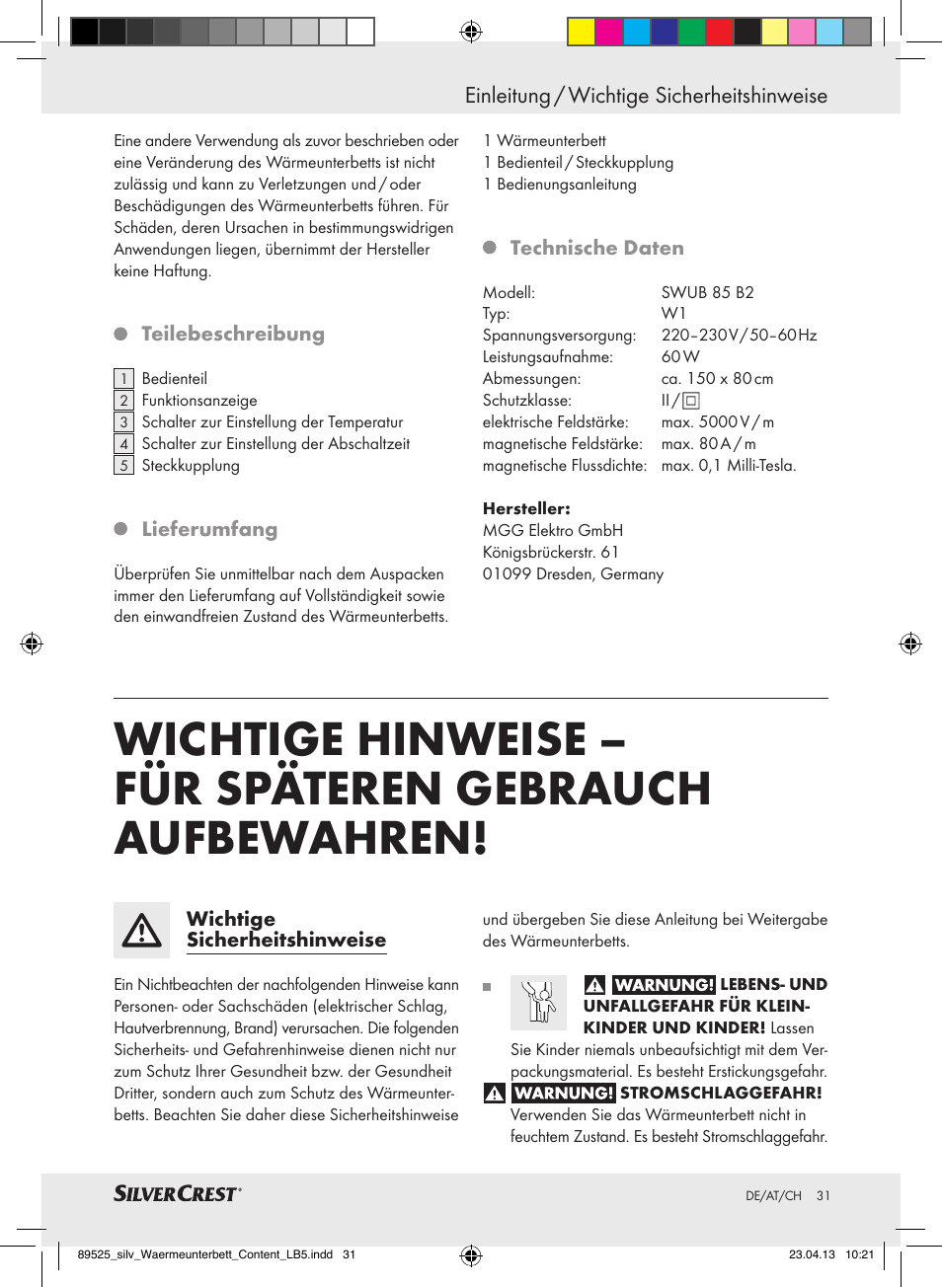 Einleitung / wichtige sicherheitshinweise | Silvercrest SWUB 85 B2 User Manual | Page 31 / 37