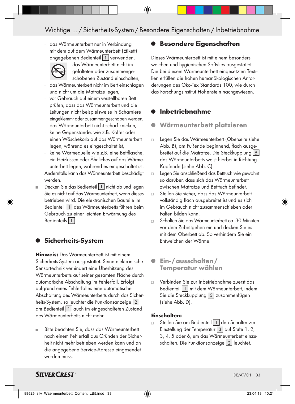 Sicherheits-system, Besondere eigenschaften, Inbetriebnahme wärmeunterbett platzieren | Ein- / ausschalten / temperatur wählen | Silvercrest SWUB 85 B2 User Manual | Page 33 / 37