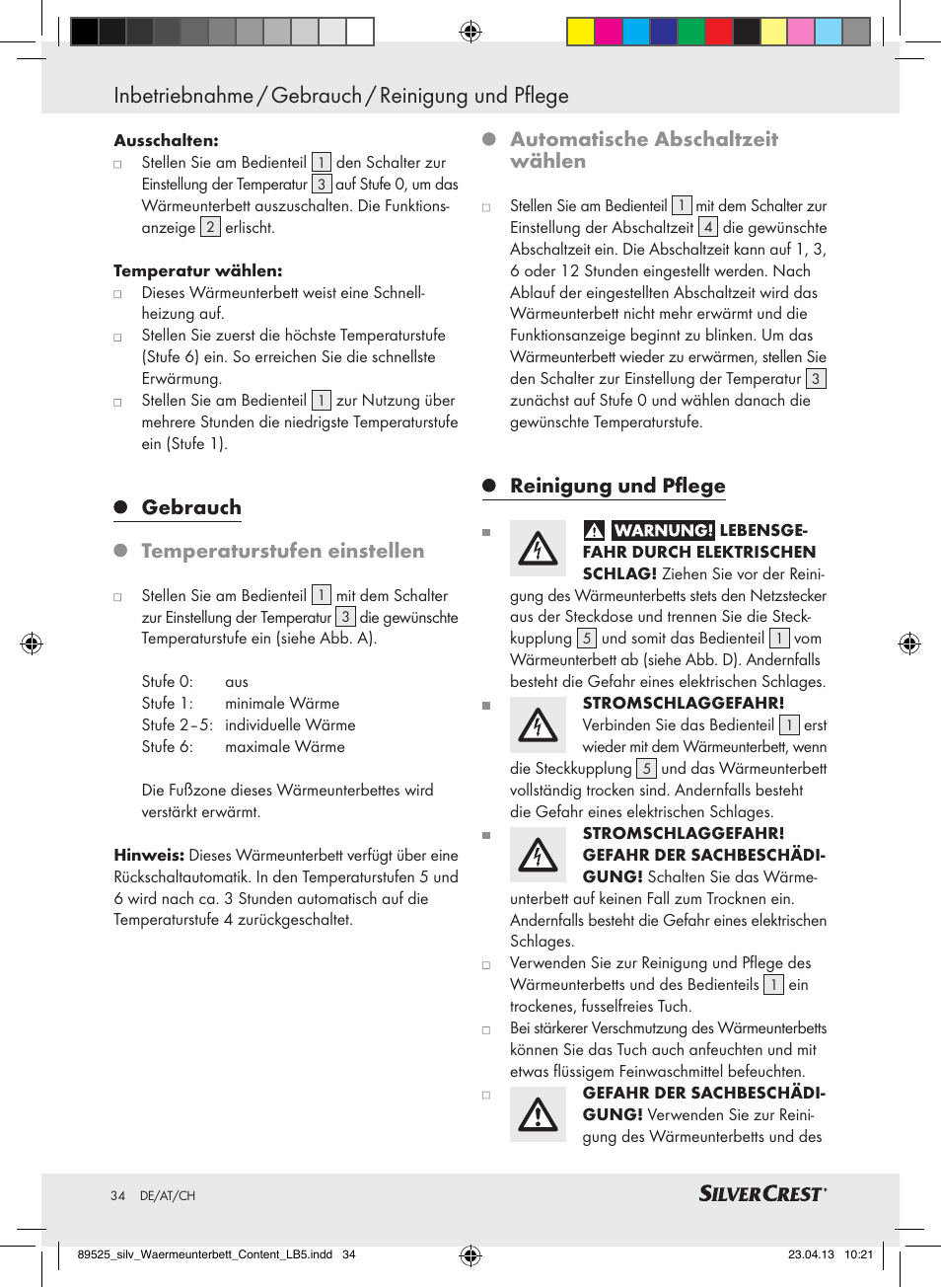 Inbetriebnahme / gebrauch / reinigung und pflege, Gebrauch temperaturstufen einstellen, Automatische abschaltzeit wählen | Reinigung und pflege | Silvercrest SWUB 85 B2 User Manual | Page 34 / 37