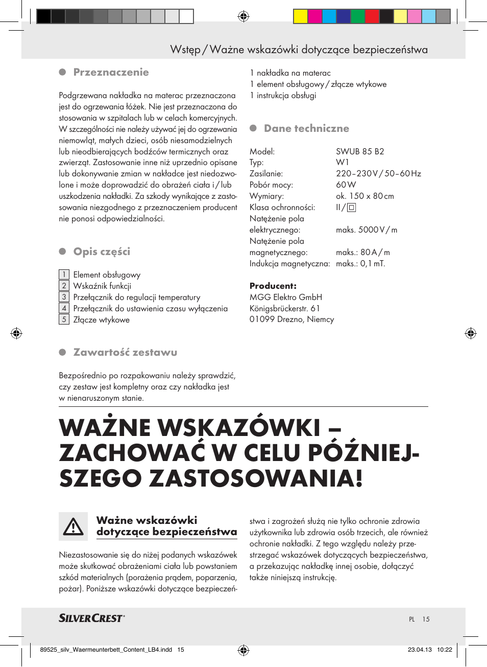 Wstęp / ważne wskazówki dotyczące bezpieczeństwa | Silvercrest SWUB 85 B2 User Manual | Page 15 / 63