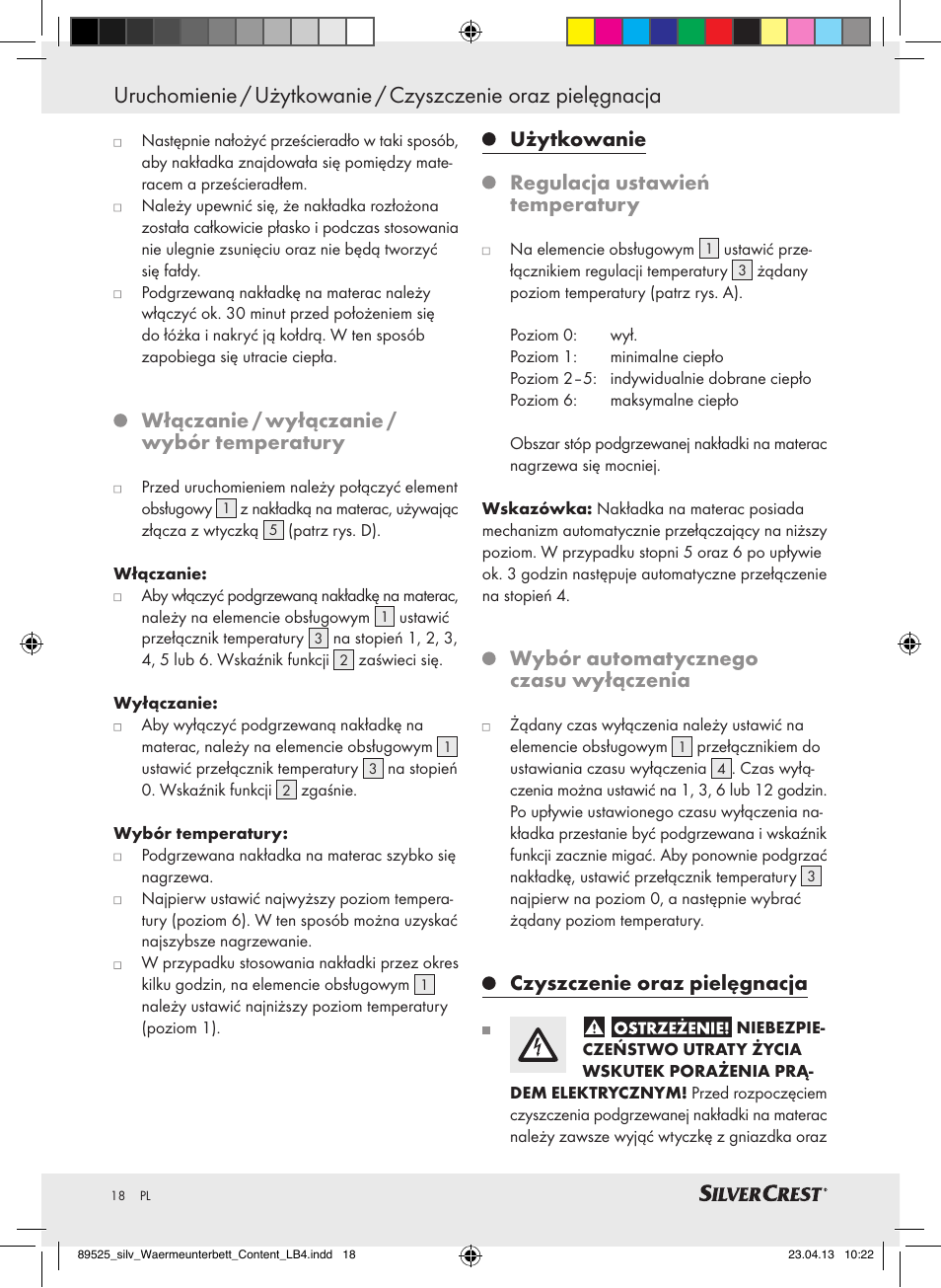 Włączanie / wyłączanie / wybór temperatury, Użytkowanie regulacja ustawień temperatury, Wybór automatycznego czasu wyłączenia | Czyszczenie oraz pielęgnacja | Silvercrest SWUB 85 B2 User Manual | Page 18 / 63