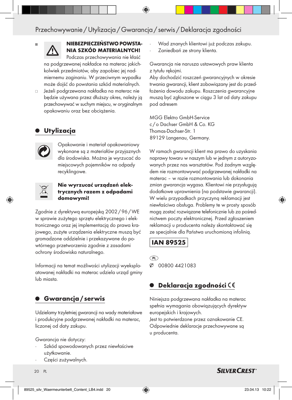 Utylizacja, Gwarancja / serwis, Deklaracja zgodności | Silvercrest SWUB 85 B2 User Manual | Page 20 / 63