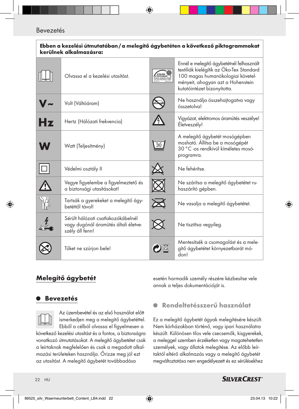 Bevezetés, Melegítő ágybetét bevezetés, Rendeltetésszerű használat | Silvercrest SWUB 85 B2 User Manual | Page 22 / 63