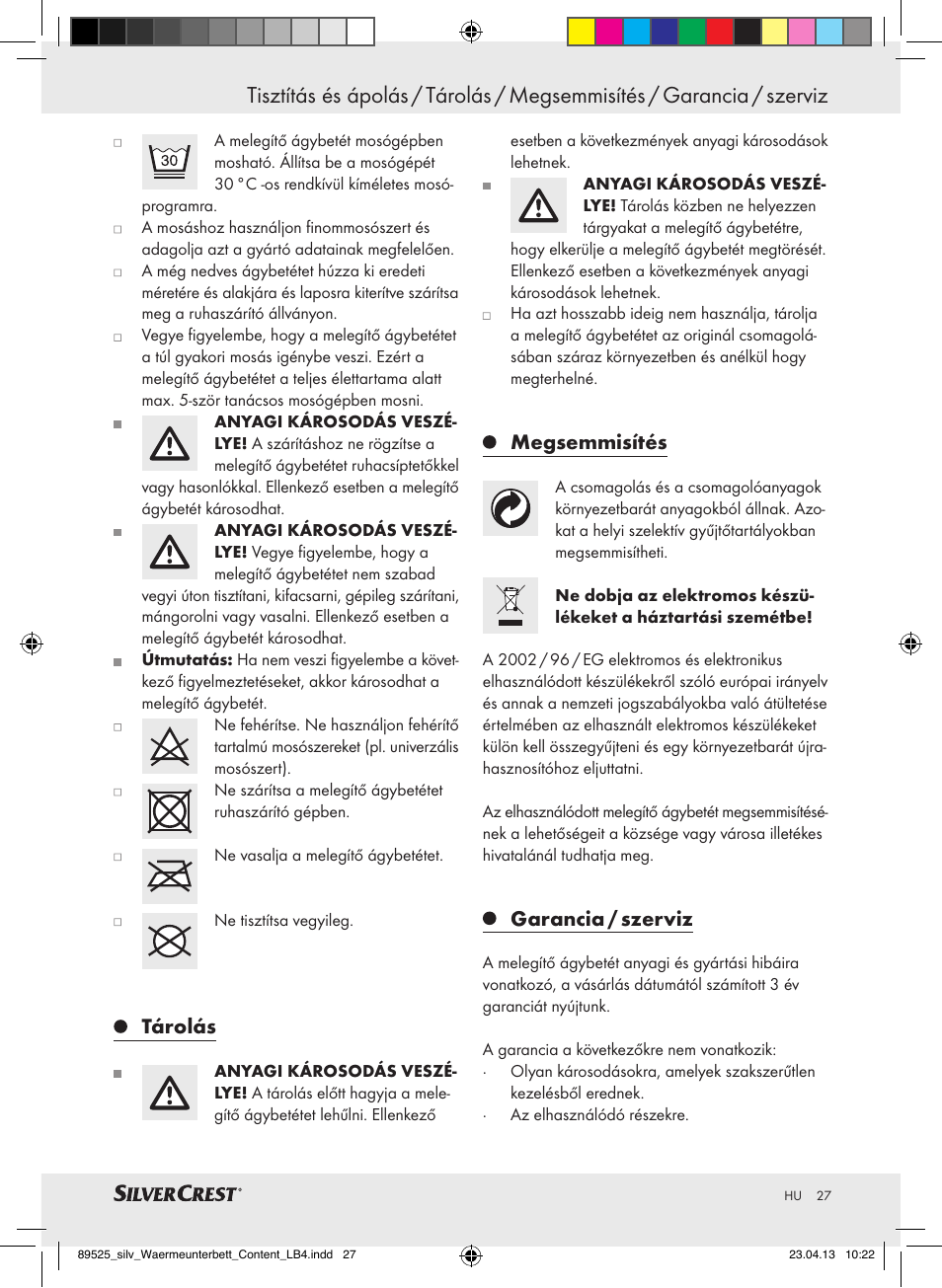 Tárolás, Megsemmisítés, Garancia / szerviz | Silvercrest SWUB 85 B2 User Manual | Page 27 / 63