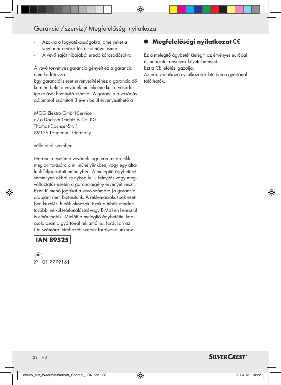 Garancia / szerviz / megfelelőségi nyilatkozat, Megfelelőségi nyilatkozat | Silvercrest SWUB 85 B2 User Manual | Page 28 / 63