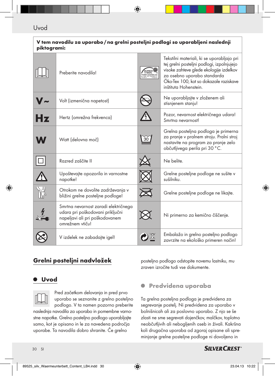 Uvod, Grelni posteljni nadvložek uvod, Predvidena uporaba | Silvercrest SWUB 85 B2 User Manual | Page 30 / 63