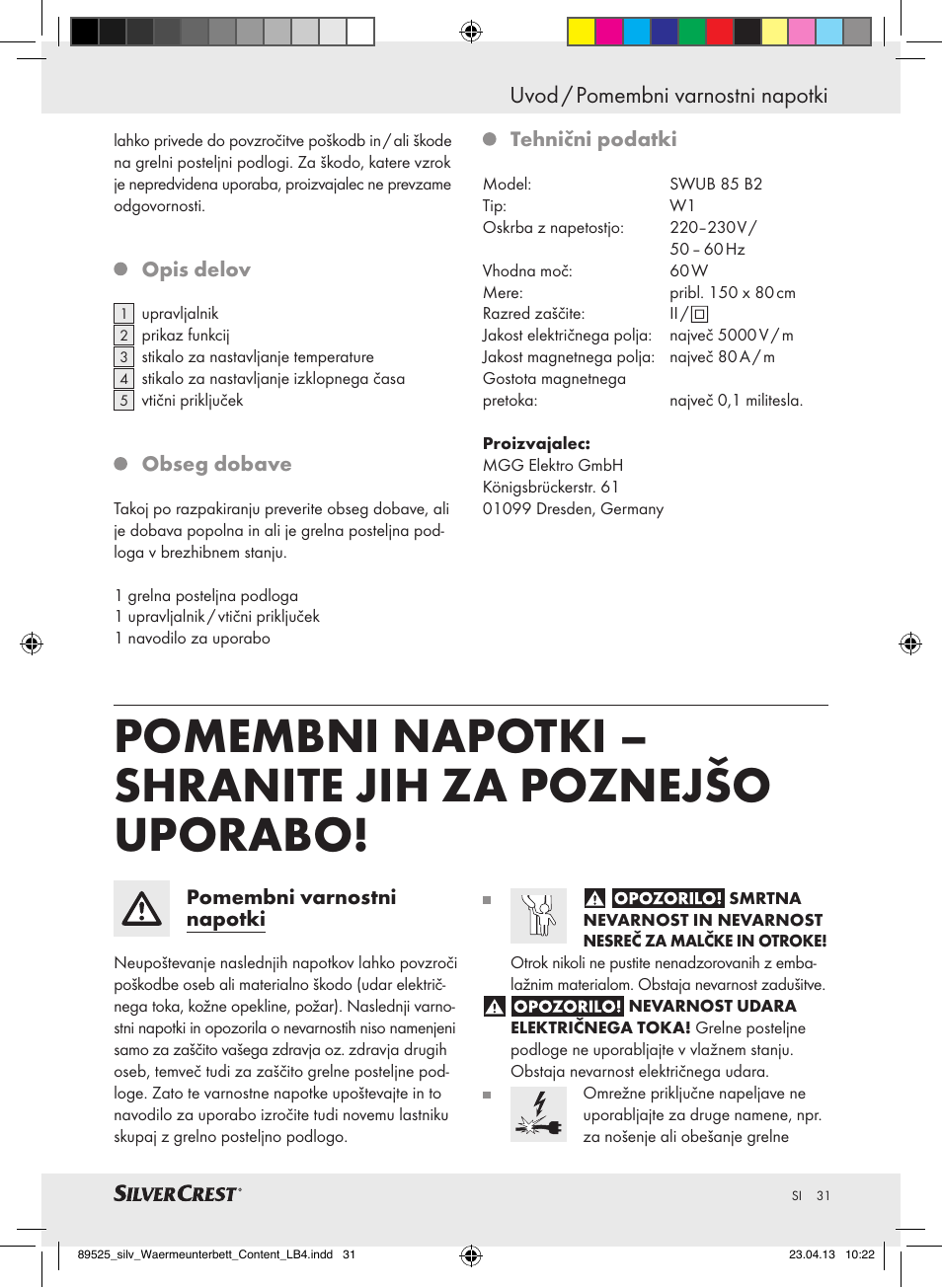 Uvod / pomembni varnostni napotki | Silvercrest SWUB 85 B2 User Manual | Page 31 / 63