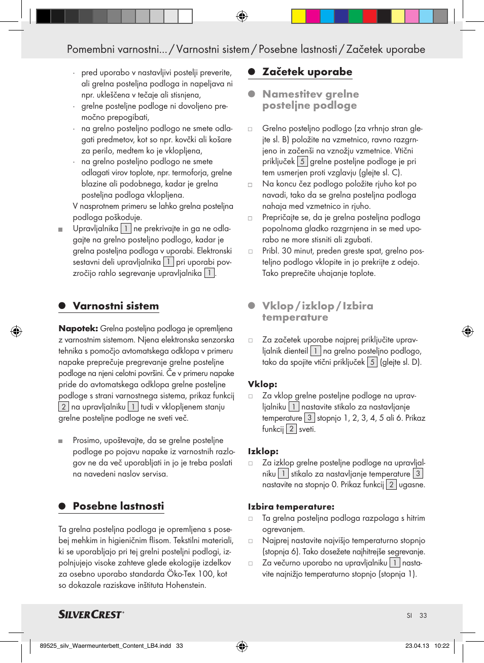 Varnostni sistem, Posebne lastnosti, Vklop / izklop / izbira temperature | Silvercrest SWUB 85 B2 User Manual | Page 33 / 63