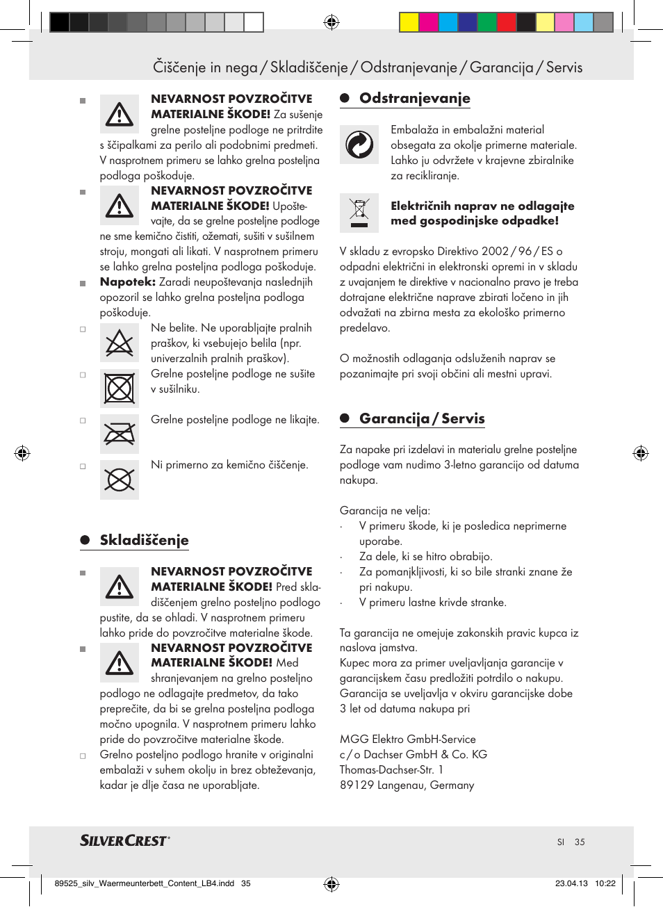 Skladiščenje, Odstranjevanje, Garancija / servis | Silvercrest SWUB 85 B2 User Manual | Page 35 / 63