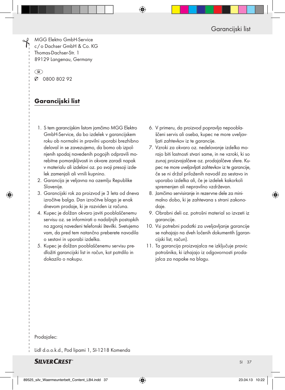 Garancijski list | Silvercrest SWUB 85 B2 User Manual | Page 37 / 63