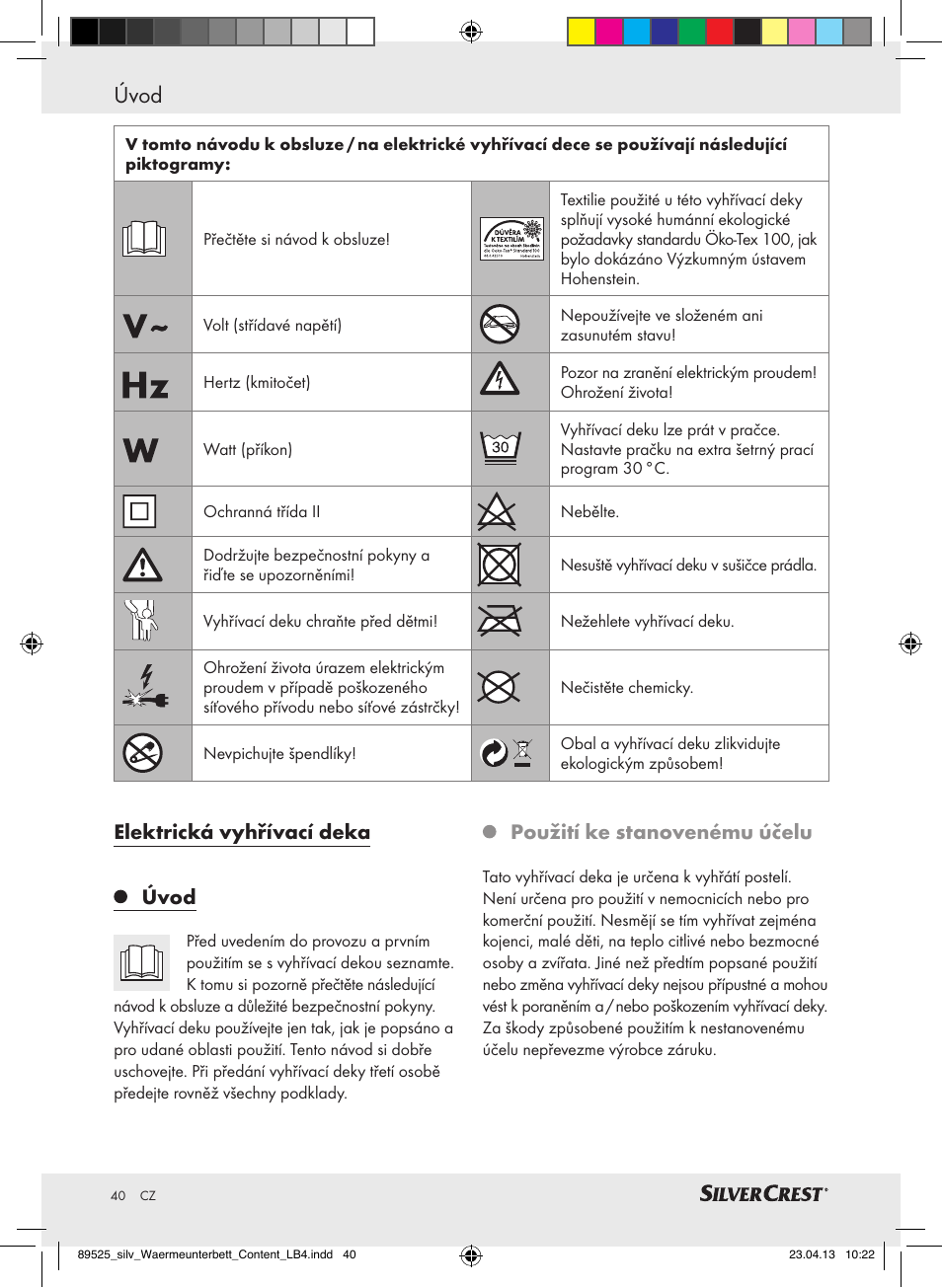 Úvod, Elektrická vyhřívací deka úvod, Použití ke stanovenému účelu | Silvercrest SWUB 85 B2 User Manual | Page 40 / 63