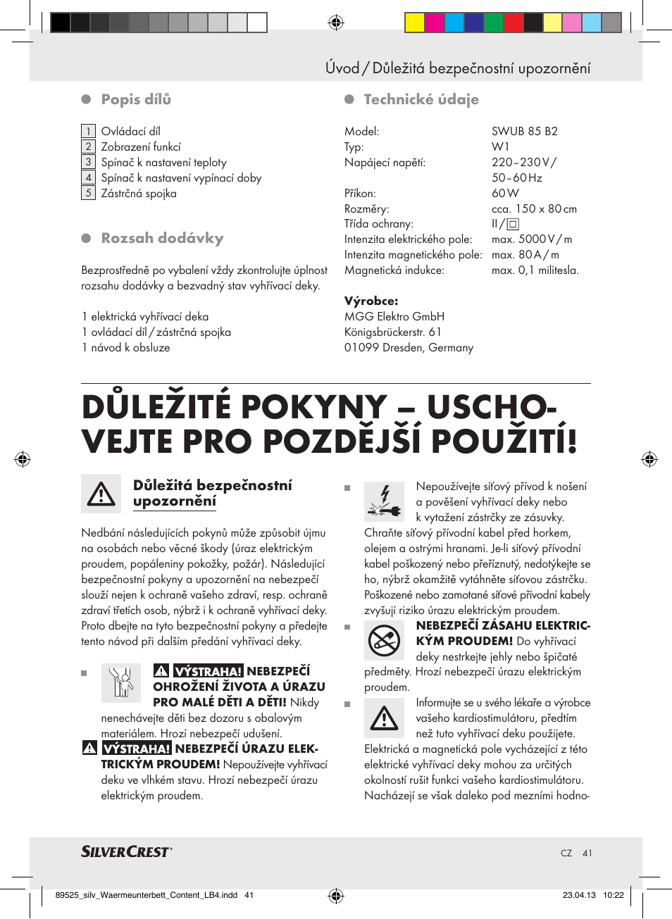 Úvod / důležitá bezpečnostní upozornění | Silvercrest SWUB 85 B2 User Manual | Page 41 / 63