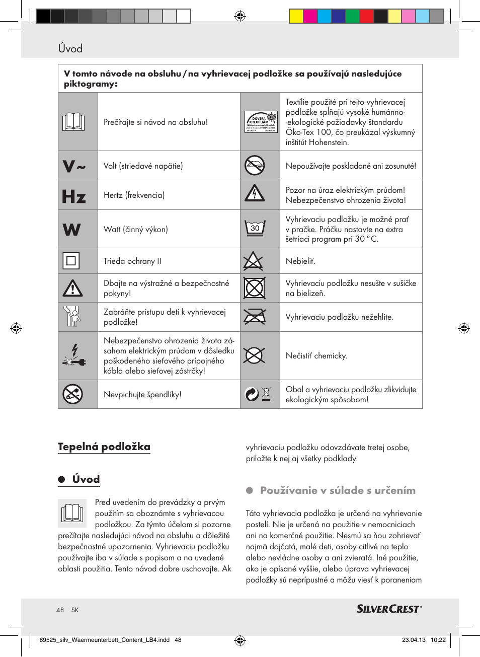 Úvod, Tepelná podložka úvod, Používanie v súlade s určením | Silvercrest SWUB 85 B2 User Manual | Page 48 / 63