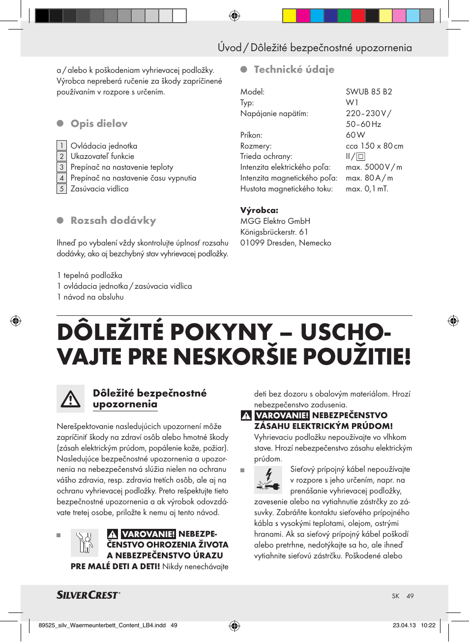 Úvod / dôležité bezpečnostné upozornenia | Silvercrest SWUB 85 B2 User Manual | Page 49 / 63