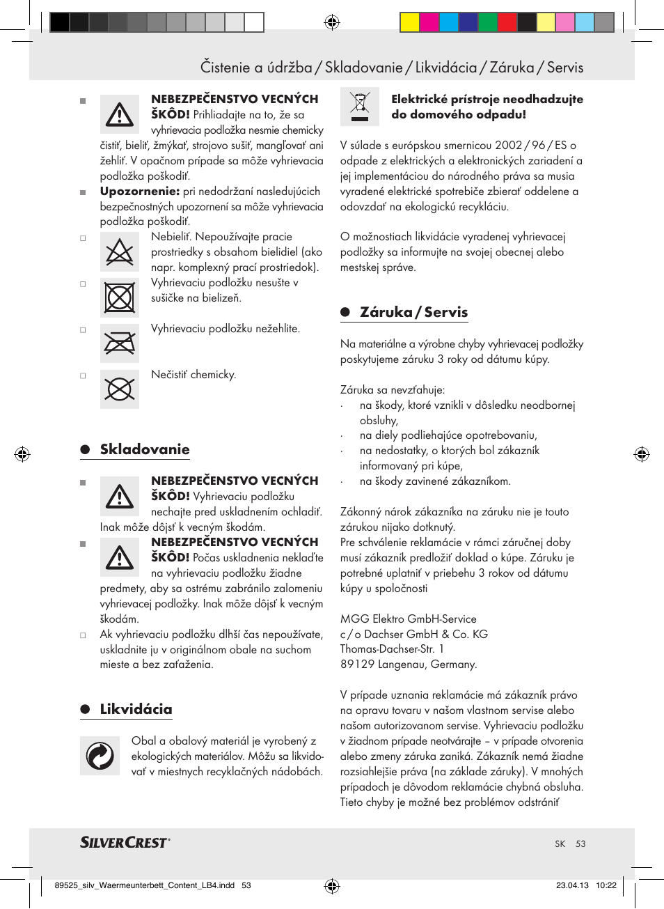 Skladovanie, Likvidácia, Záruka / servis | Silvercrest SWUB 85 B2 User Manual | Page 53 / 63