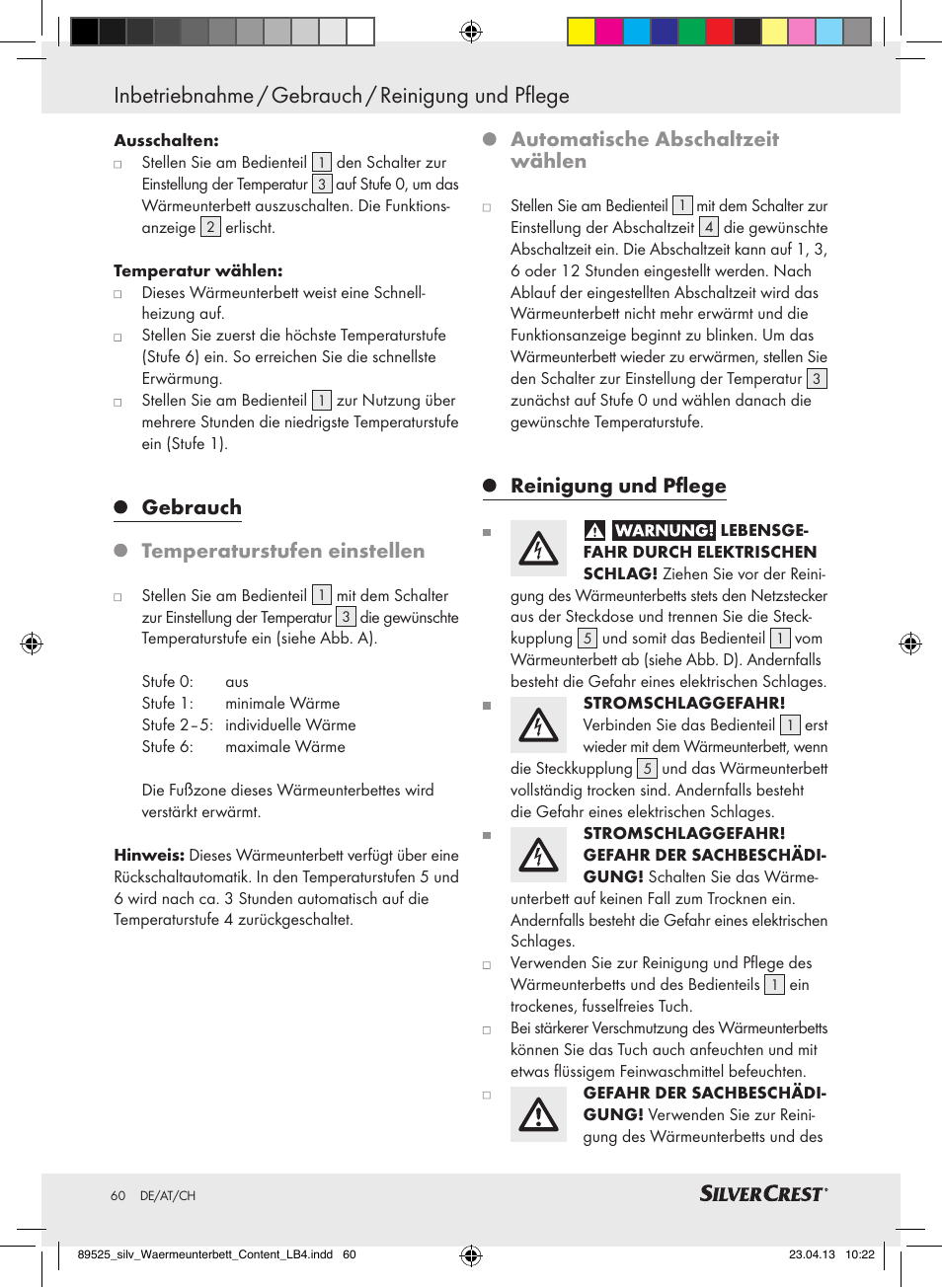 Inbetriebnahme / gebrauch / reinigung und pflege, Gebrauch temperaturstufen einstellen, Automatische abschaltzeit wählen | Reinigung und pflege | Silvercrest SWUB 85 B2 User Manual | Page 60 / 63