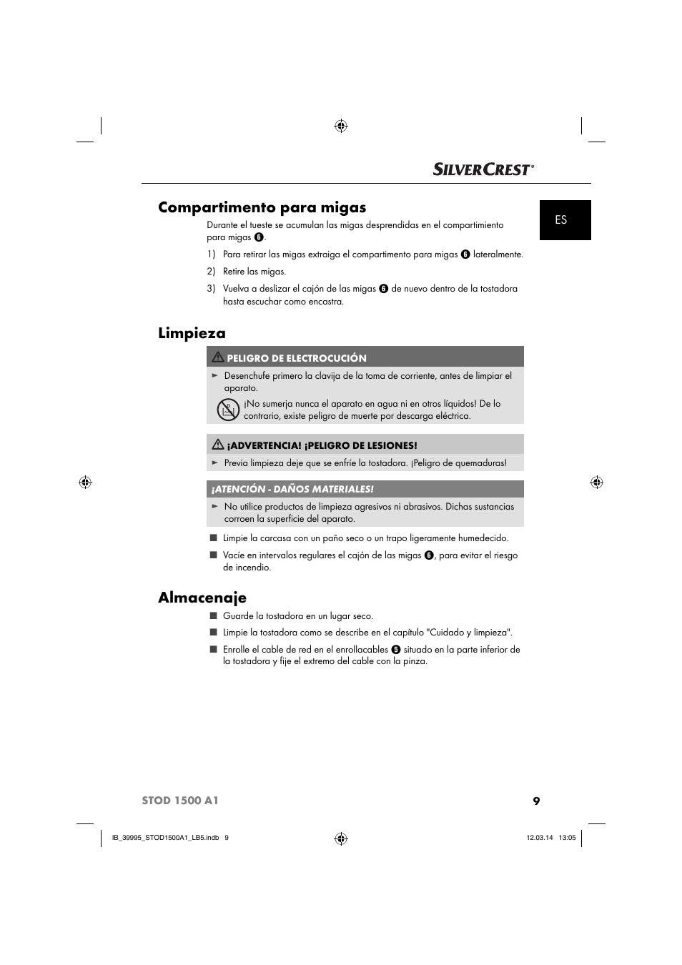 Compartimento para migas, Limpieza, Almacenaje | Silvercrest STOD 1500 A1 User Manual | Page 12 / 64