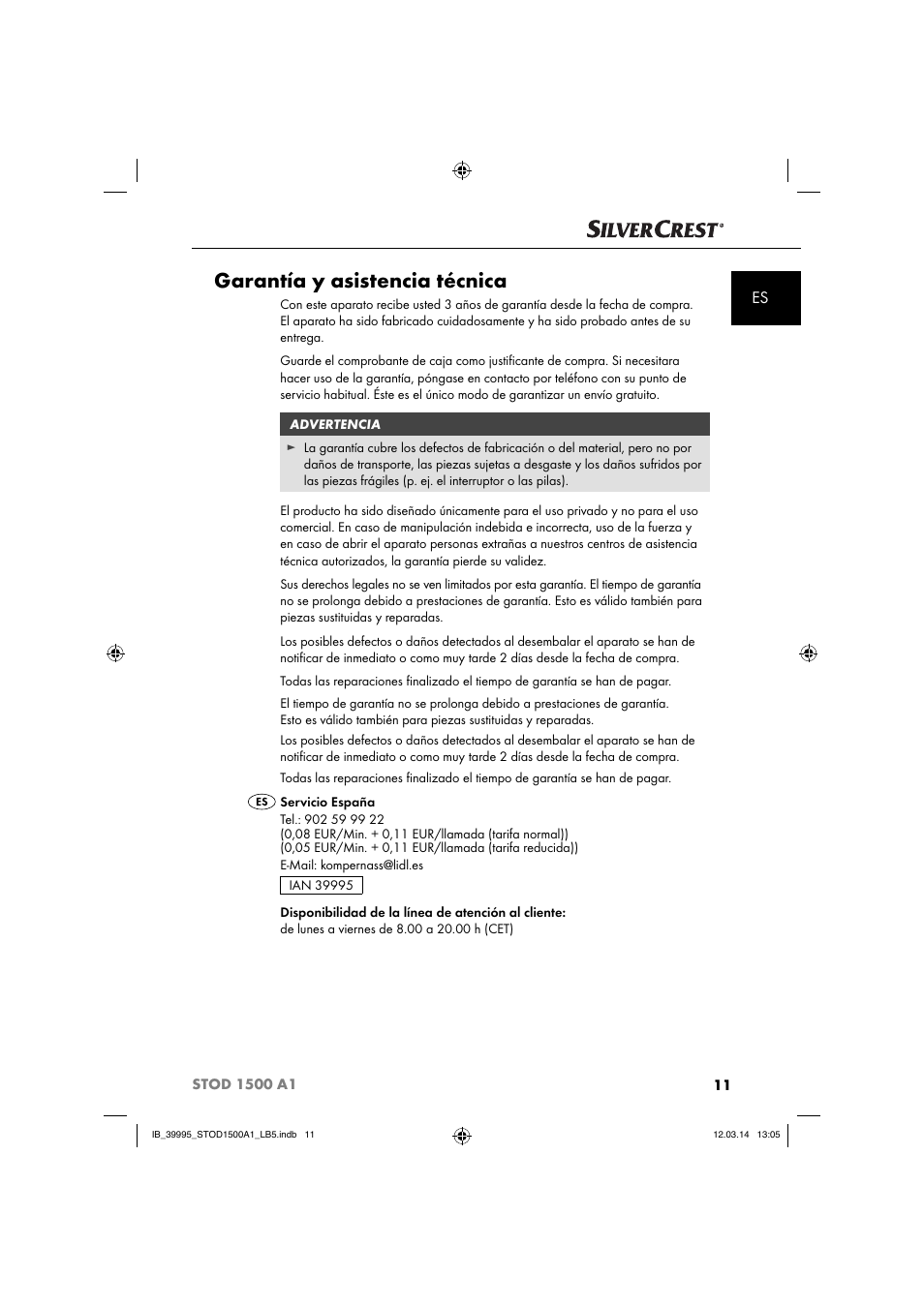 Garantía y asistencia técnica | Silvercrest STOD 1500 A1 User Manual | Page 14 / 64