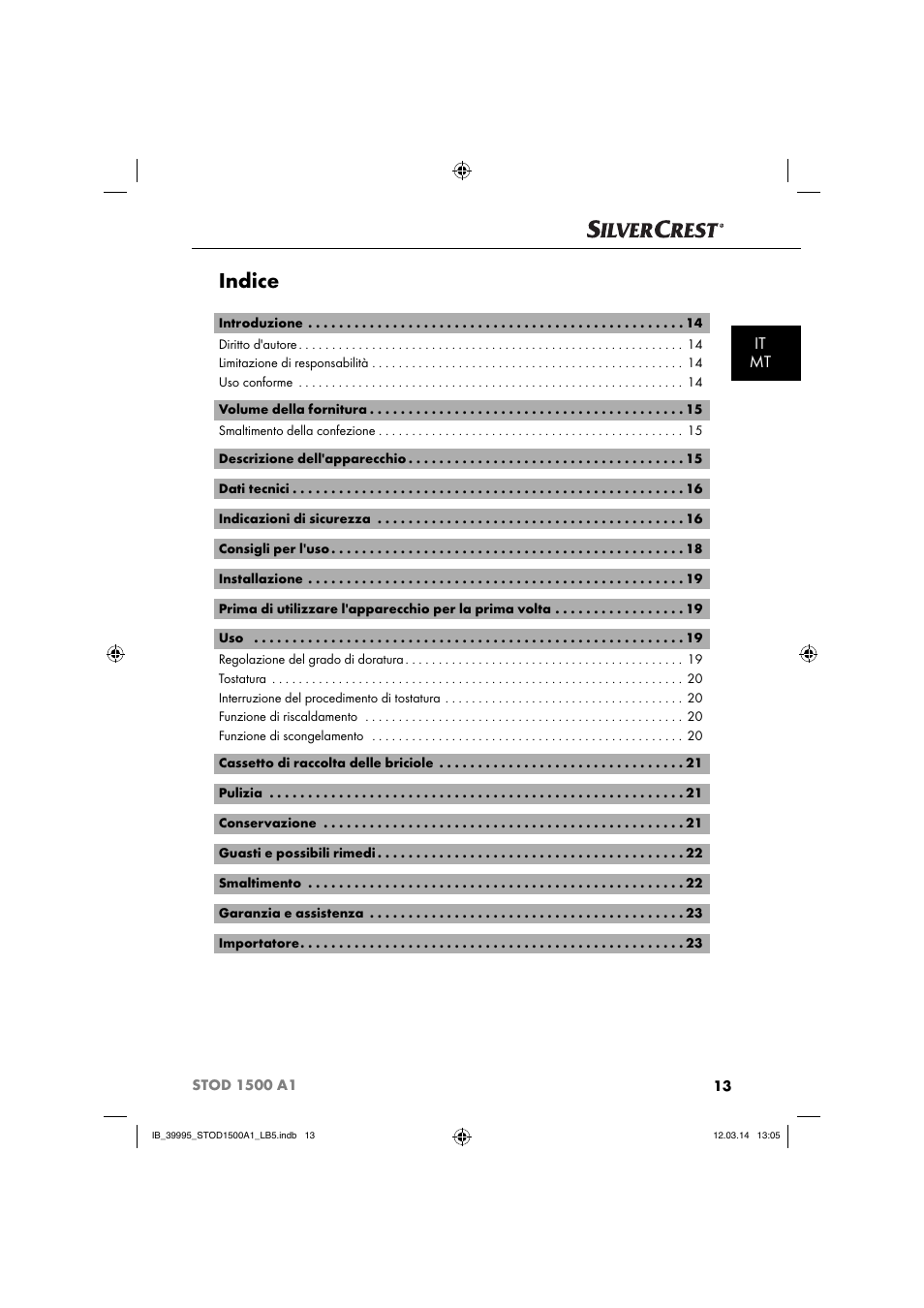 Indice, It mt | Silvercrest STOD 1500 A1 User Manual | Page 16 / 64