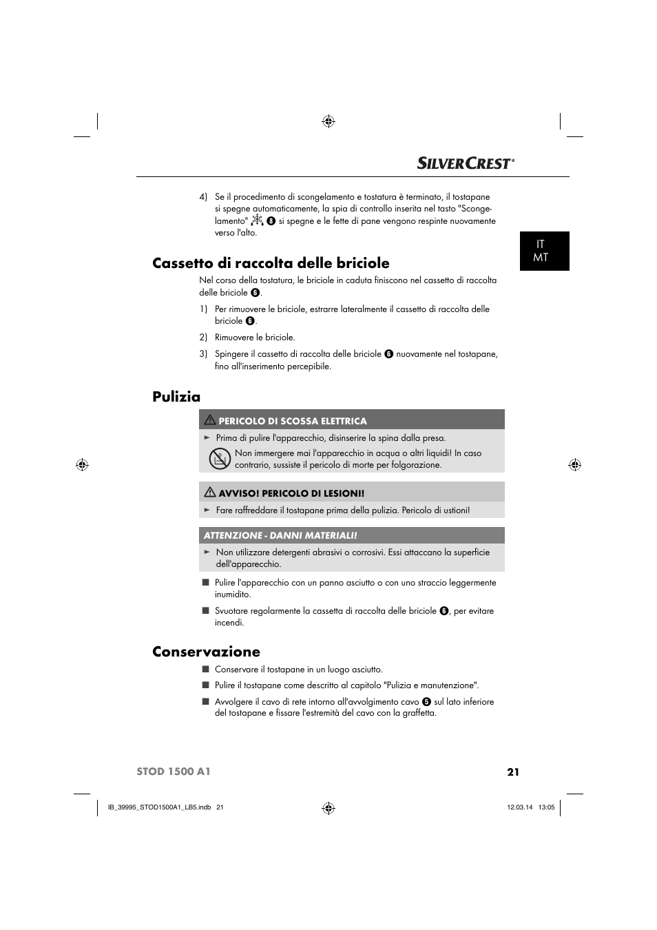 Cassetto di raccolta delle briciole, Pulizia, Conservazione | It mt | Silvercrest STOD 1500 A1 User Manual | Page 24 / 64