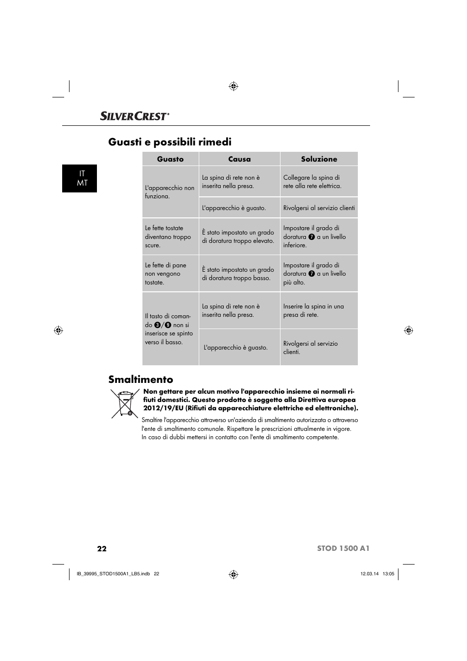 Guasti e possibili rimedi, Smaltimento, It mt | Silvercrest STOD 1500 A1 User Manual | Page 25 / 64