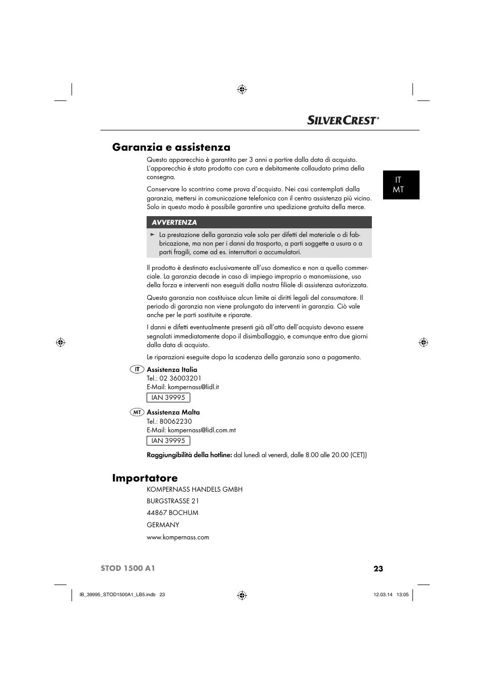 Garanzia e assistenza, Importatore, It mt | Silvercrest STOD 1500 A1 User Manual | Page 26 / 64