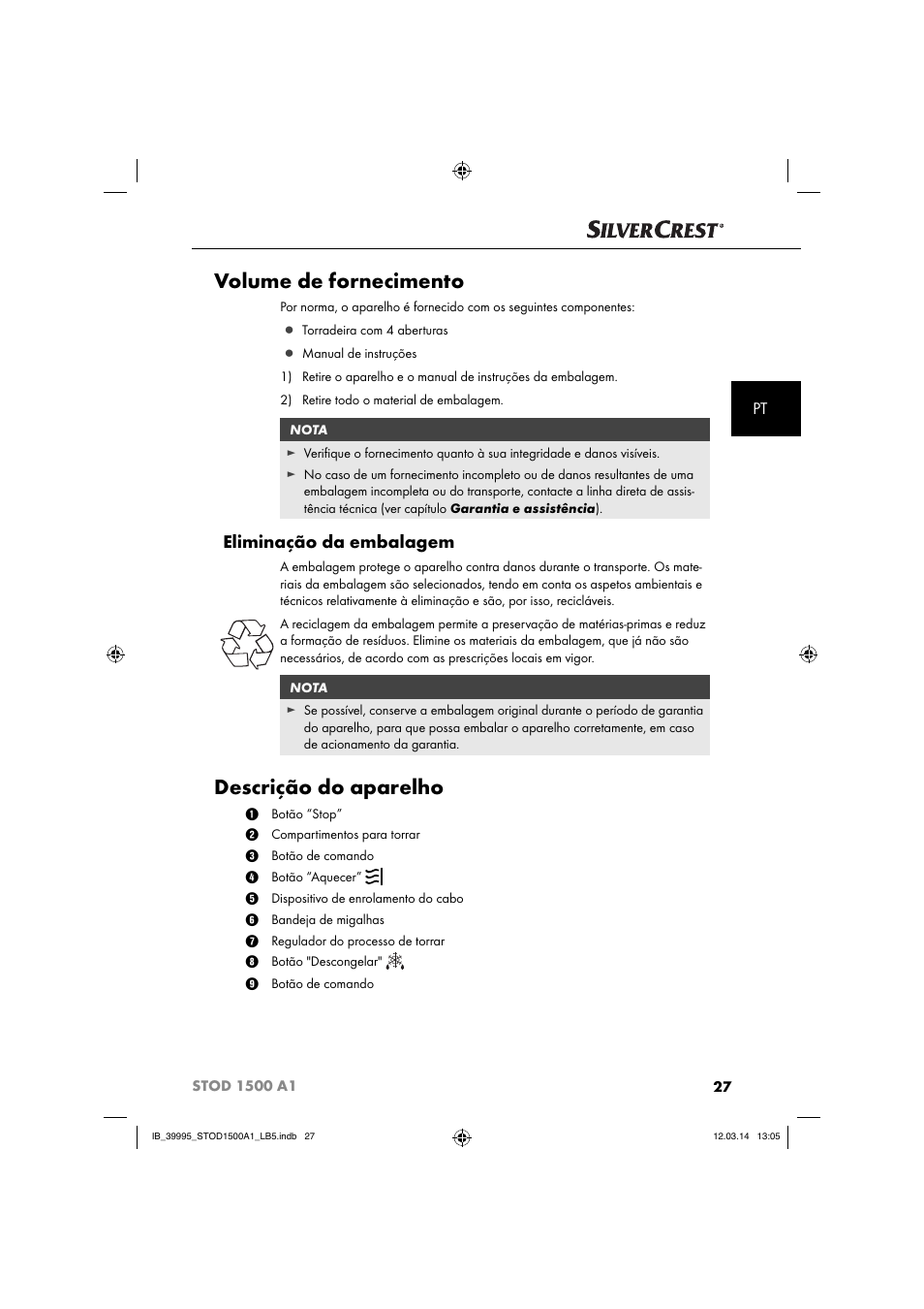 Volume de fornecimento, Descrição do aparelho, Eliminação da embalagem | Silvercrest STOD 1500 A1 User Manual | Page 30 / 64