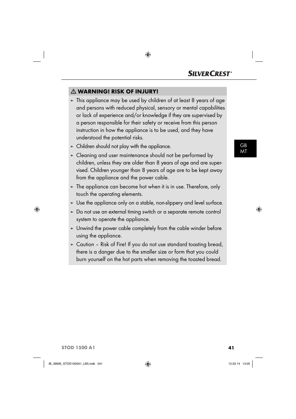 Warning! risk of injury, Children should not play with the appliance, Gb mt | Silvercrest STOD 1500 A1 User Manual | Page 44 / 64