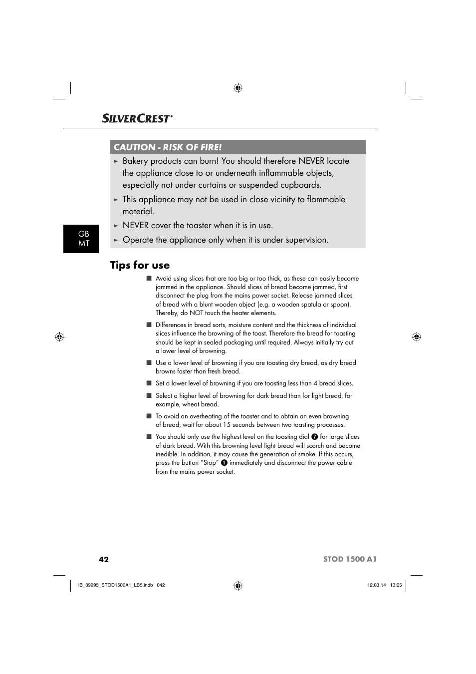 Tips for use, Caution - risk of fire, Never cover the toaster when it is in use | Gb mt | Silvercrest STOD 1500 A1 User Manual | Page 45 / 64