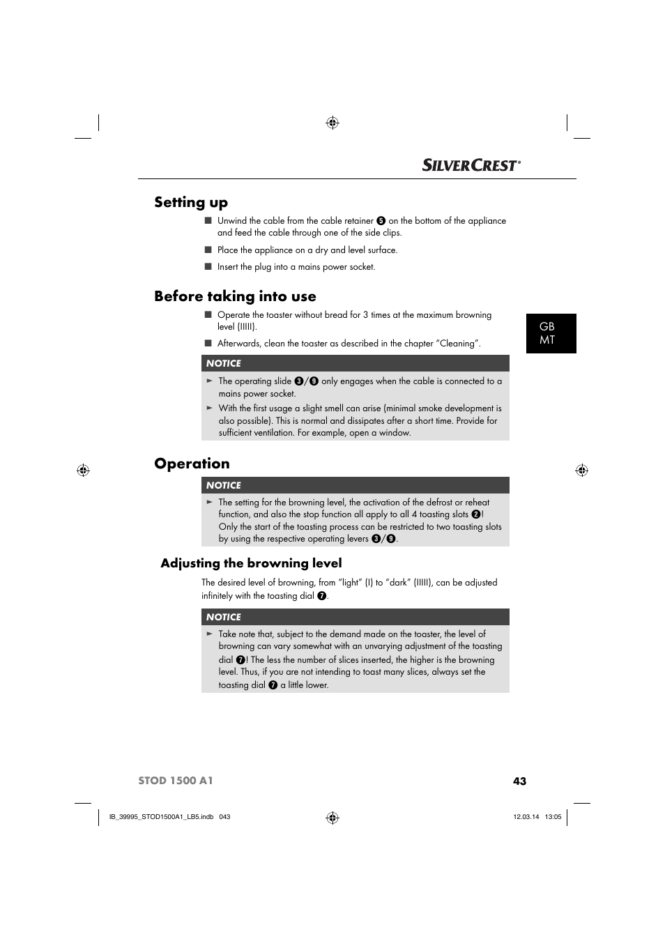 Setting up, Before taking into use, Operation | Adjusting the browning level, Gb mt | Silvercrest STOD 1500 A1 User Manual | Page 46 / 64