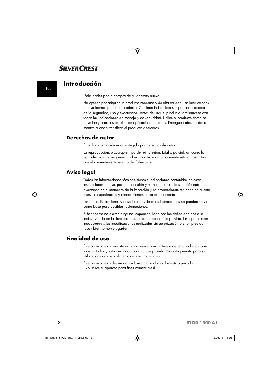 Introducción, Derechos de autor, Aviso legal | Finalidad de uso | Silvercrest STOD 1500 A1 User Manual | Page 5 / 64