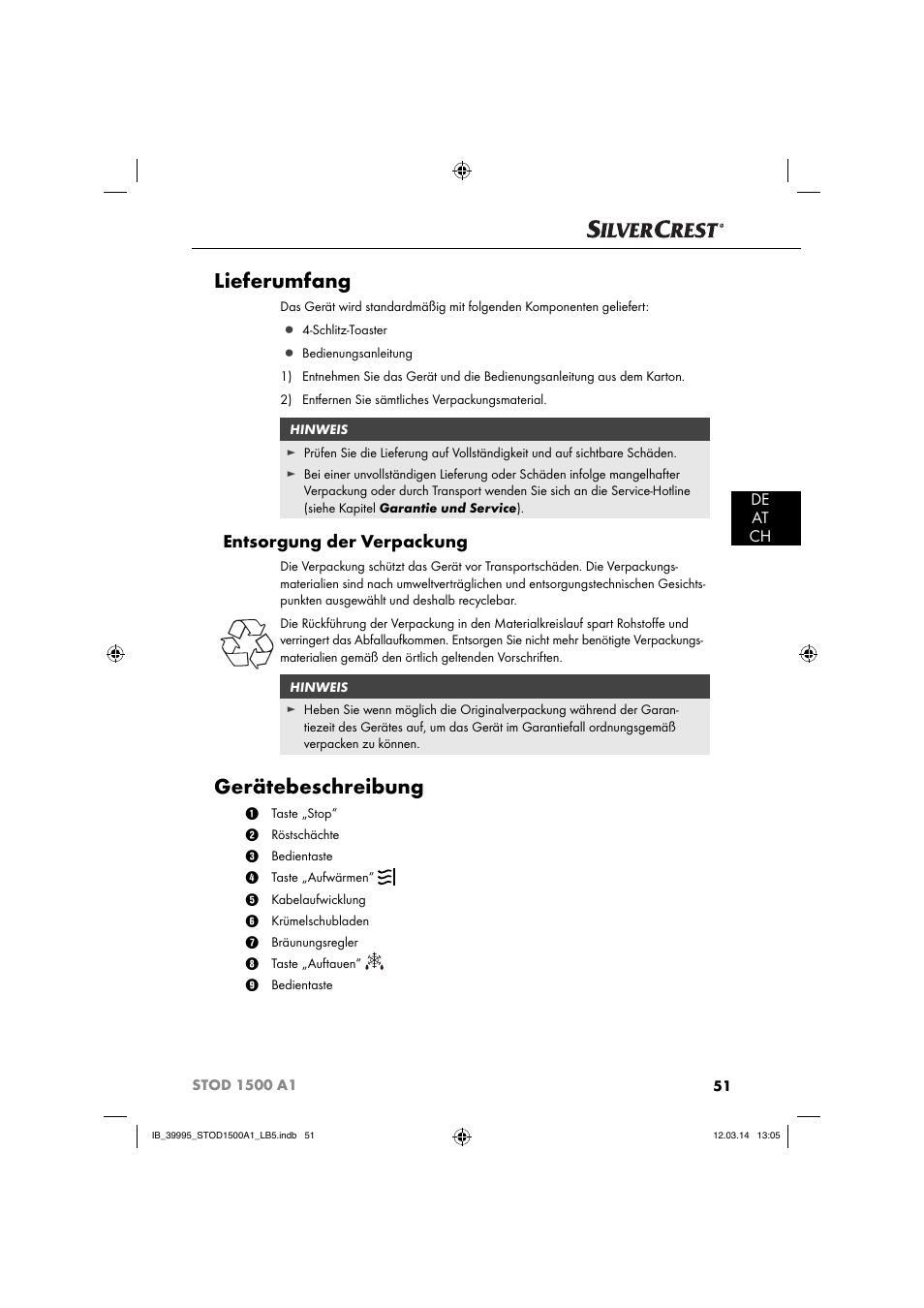 Lieferumfang, Gerätebeschreibung, Entsorgung der verpackung | De at ch | Silvercrest STOD 1500 A1 User Manual | Page 54 / 64