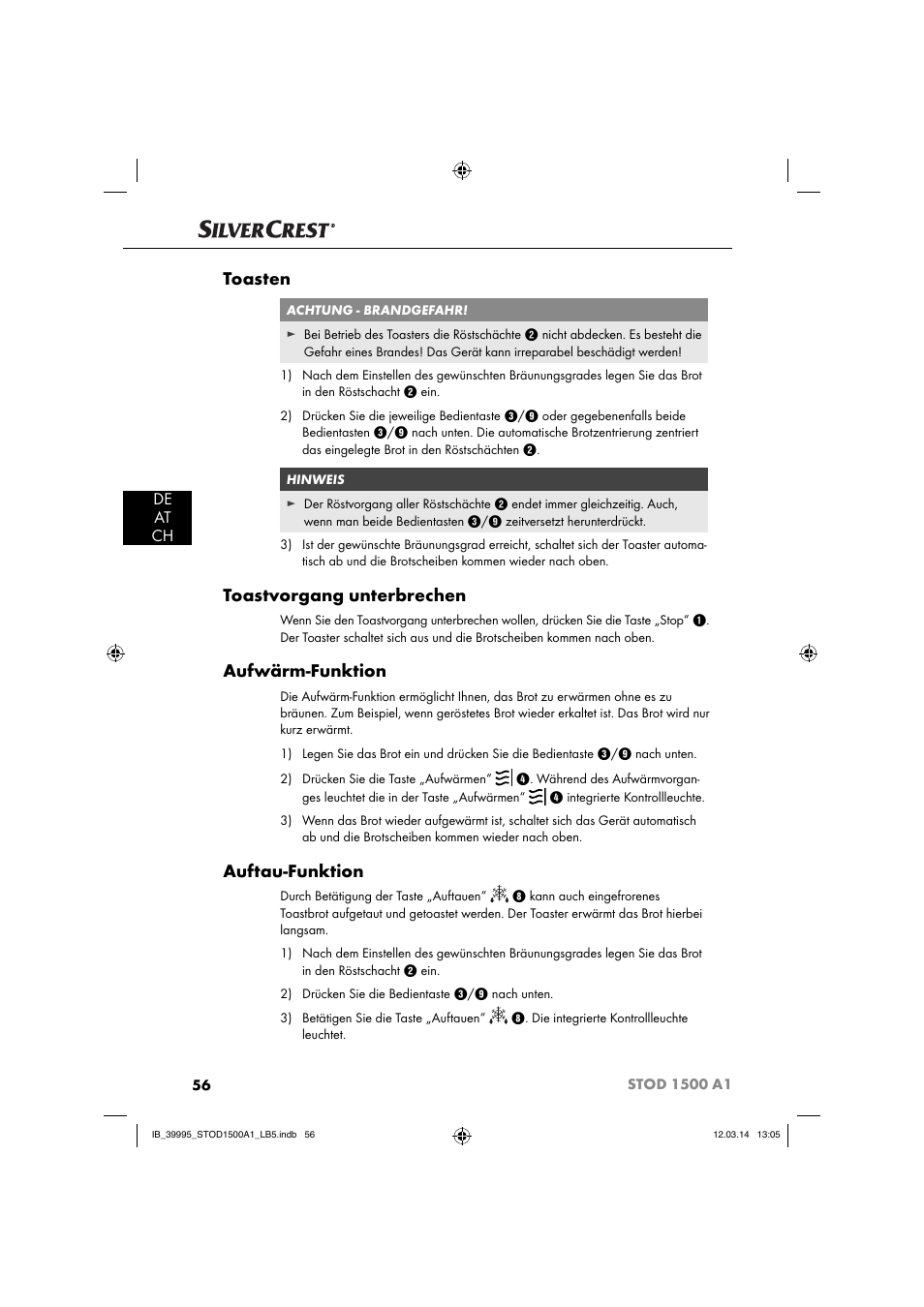 Toasten, Toastvorgang unterbrechen, Aufwärm-funktion | Auftau-funktion, De at ch | Silvercrest STOD 1500 A1 User Manual | Page 59 / 64