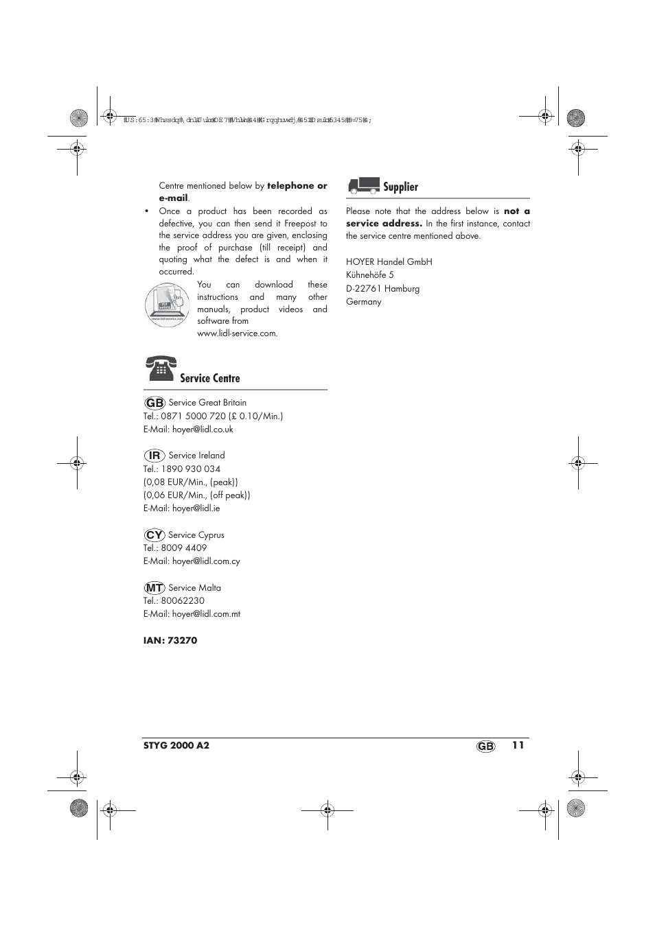 Service centre, Supplier | Silvercrest STYG 2000 A2 User Manual | Page 13 / 70